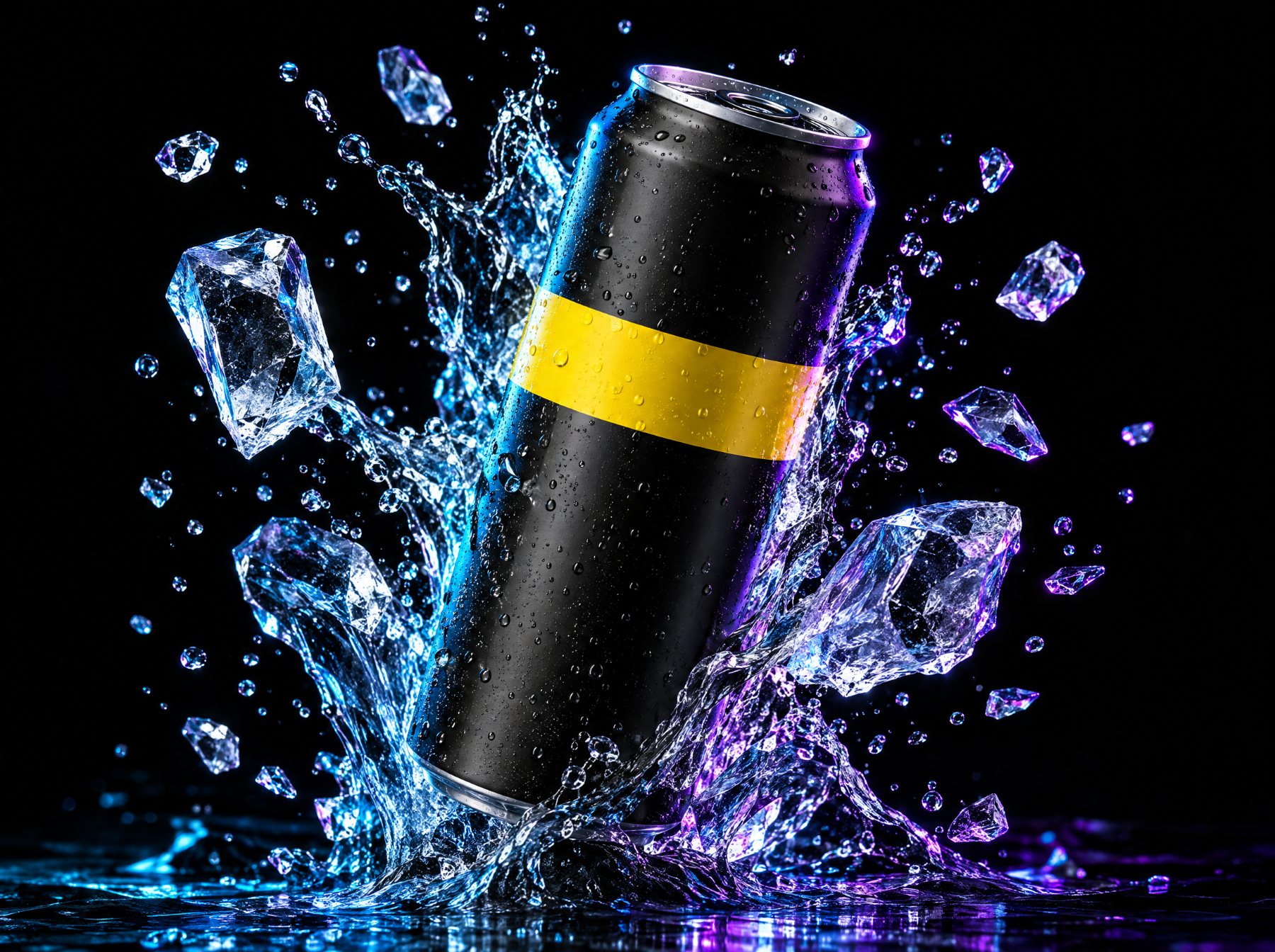 CGI product shot of a black drink can bursting through a splash of liquid and ice