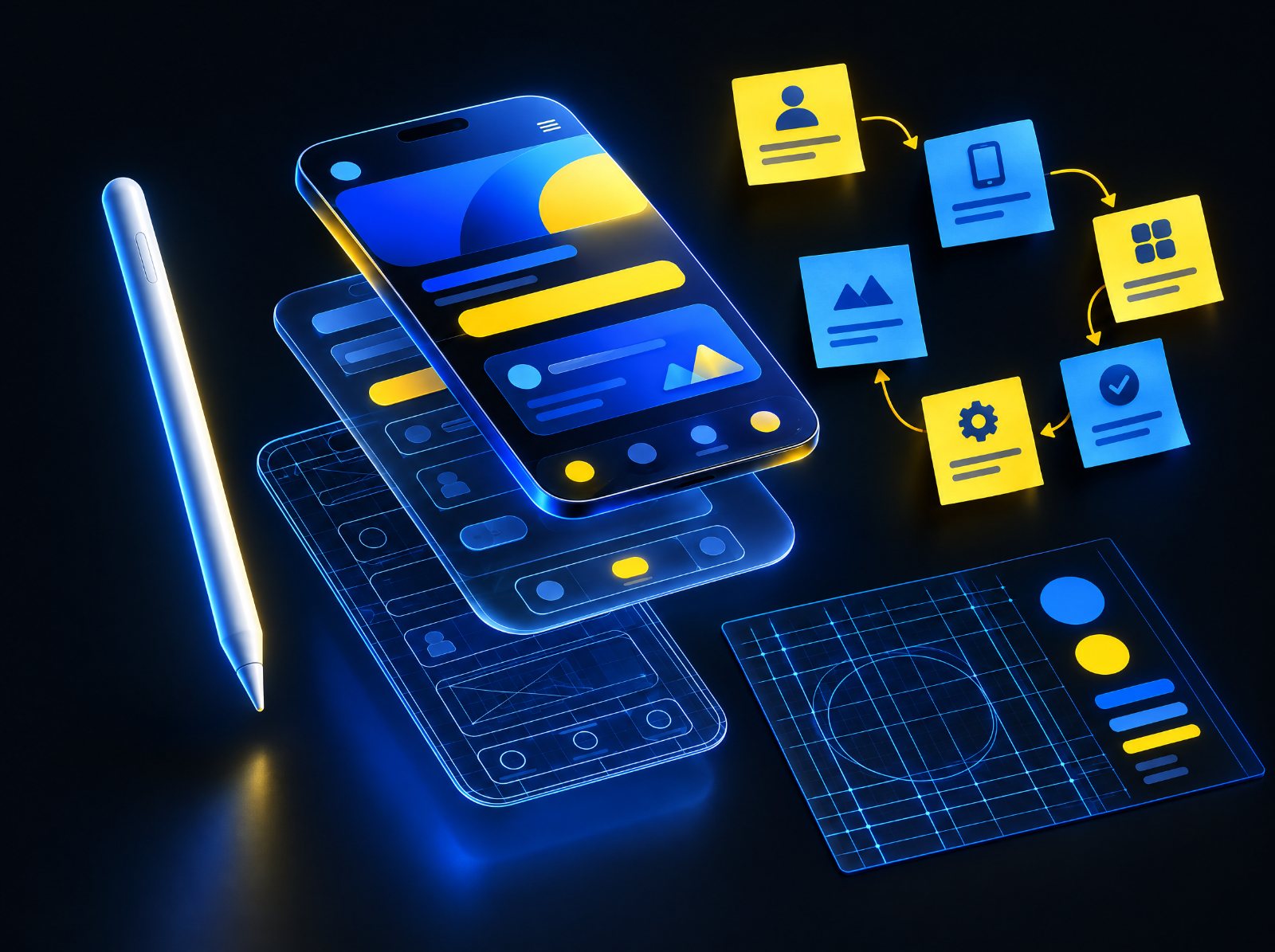 Mobile app design shown in layers